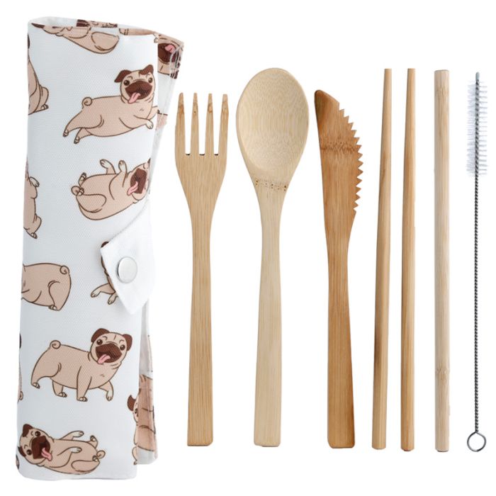 Mopps Pug 100% Natural Bamboo Cutlery 6 Piece Set 