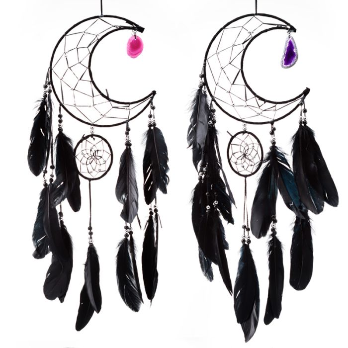 Black Sickle Crescent Moon Dreamcatcher with Agate Charm