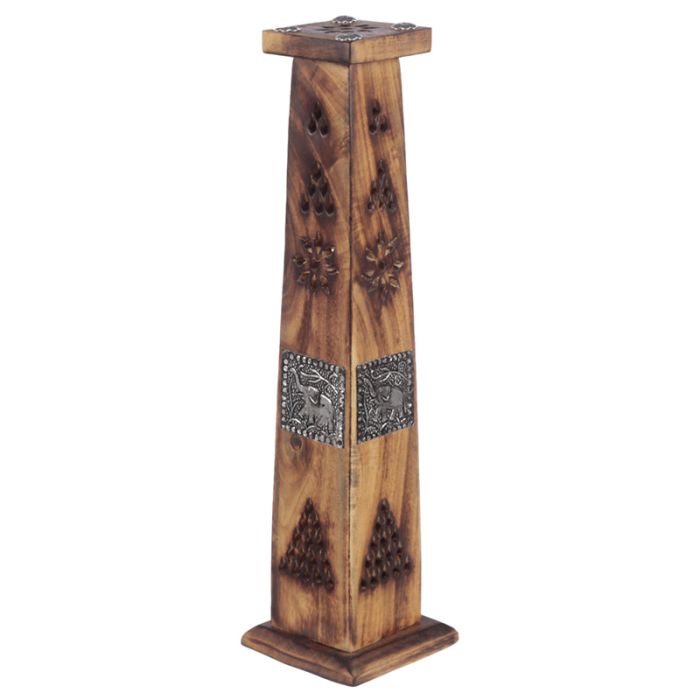 Mango Wood Ashcatcher Incense Tower Burner with Elephant Inlay