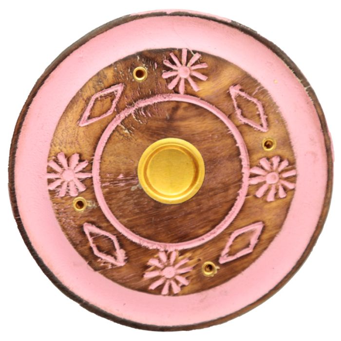 Mango Wood Round Painted Pink Flower Ashcatcher Incense Burner