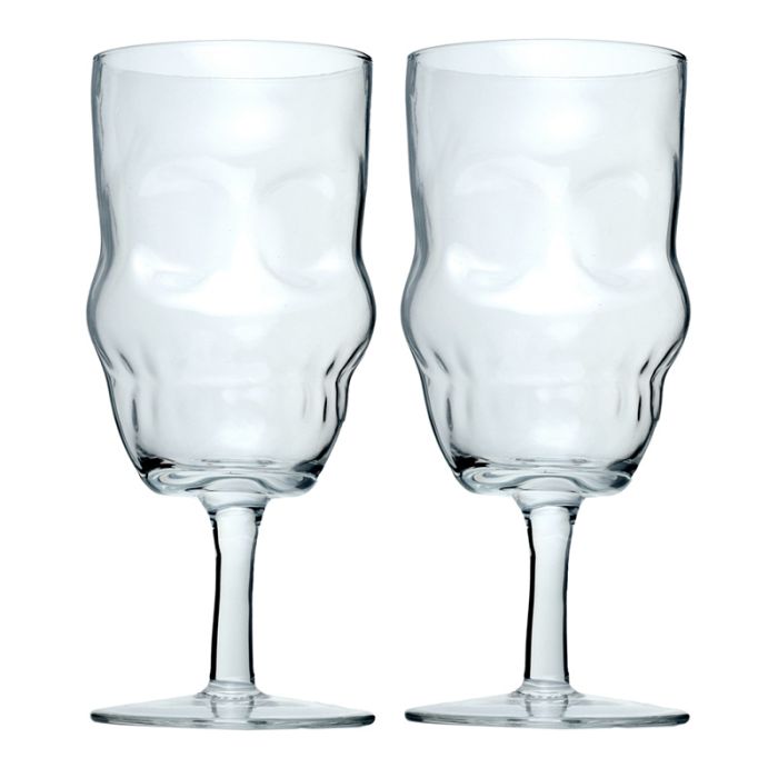 Set of 2 Glass Skull Head Shaped Wine Glasses