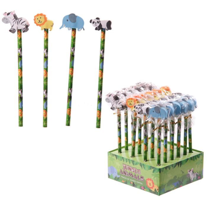 Jungle Animal Elephant, Panda, Lion, Zebra Pencil & Eraser Topper