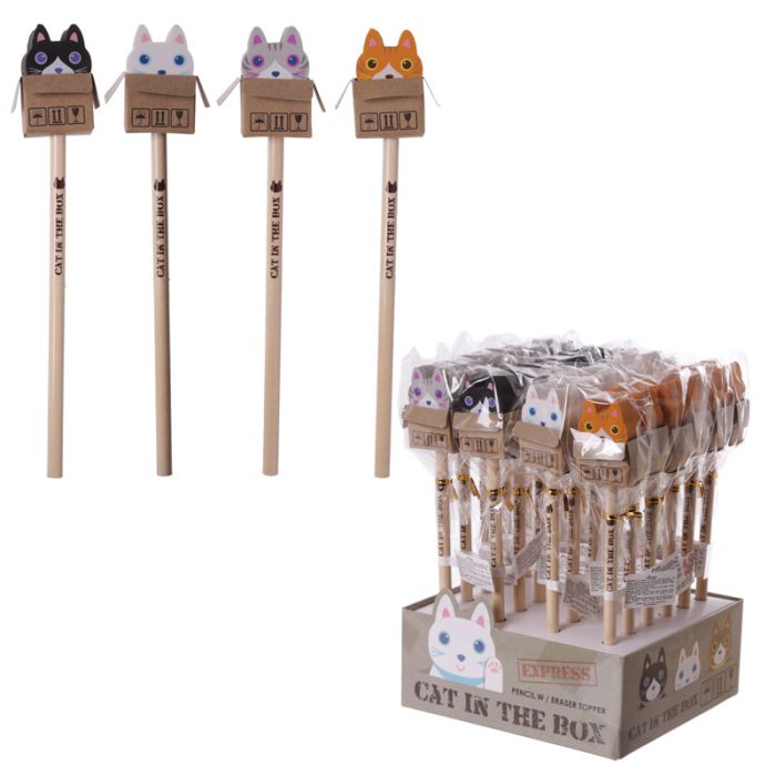 Cute Cat in a Box Pencil & Eraser Topper