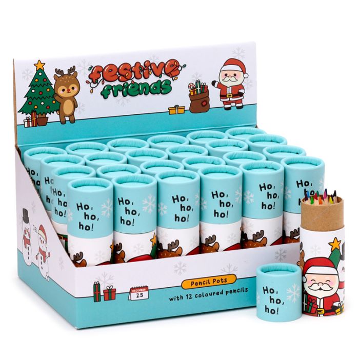 Christmas Festive Friends Pencil Pot with 12 Colouring Pencils
