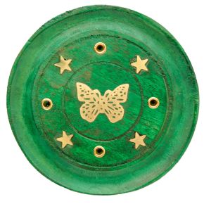 Mango Wood Butterfly Round Green Ashcatcher Incense Burner