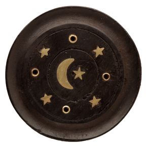 Mango Wood Moon & Stars Round Black Ashcatcher Incense Burner