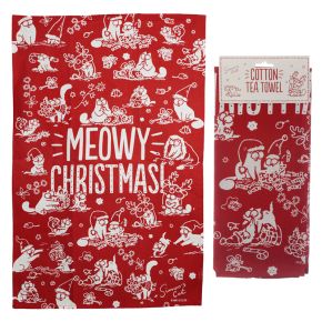Poly Cotton Tea Towel Simon's Cat Meowy Christmas