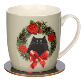 Kim Haskins Christmas Wreath Cat Porcelain Mug & Coaster Set